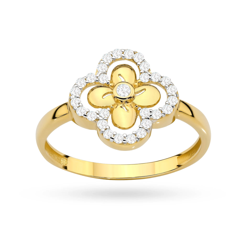 Gold Ring with Zirconia Flower Lucky Clover