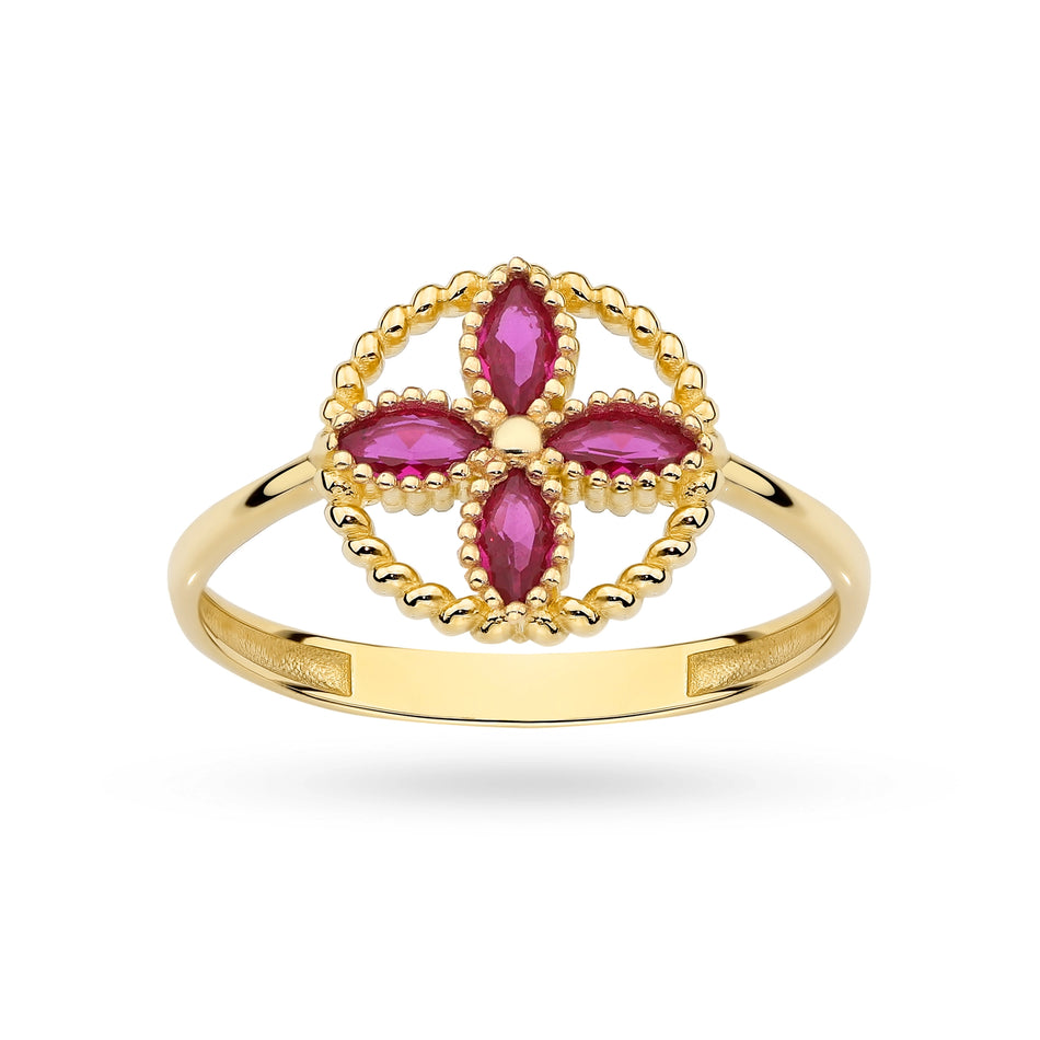 Goldring mit roter Zirkonia-Blume