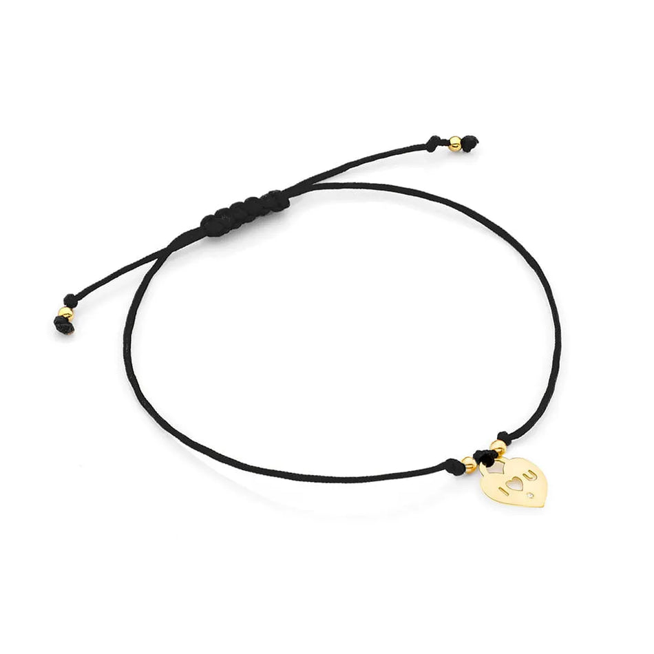 Goldarmband mit Diamant-Herz "Ich liebe dich" schwarzes Band
