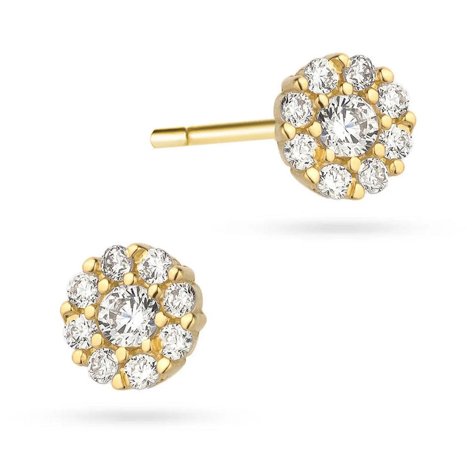 Gold Stud Earrings with Zirconia Flowers Circles