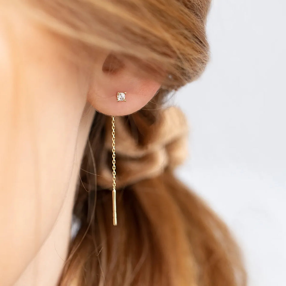 Gold Pull-Through Earrings with Zirconia Geometric