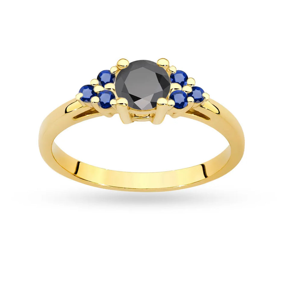 Goldring mit 0,50ct schwarzem Diamant und 6 Saphiren