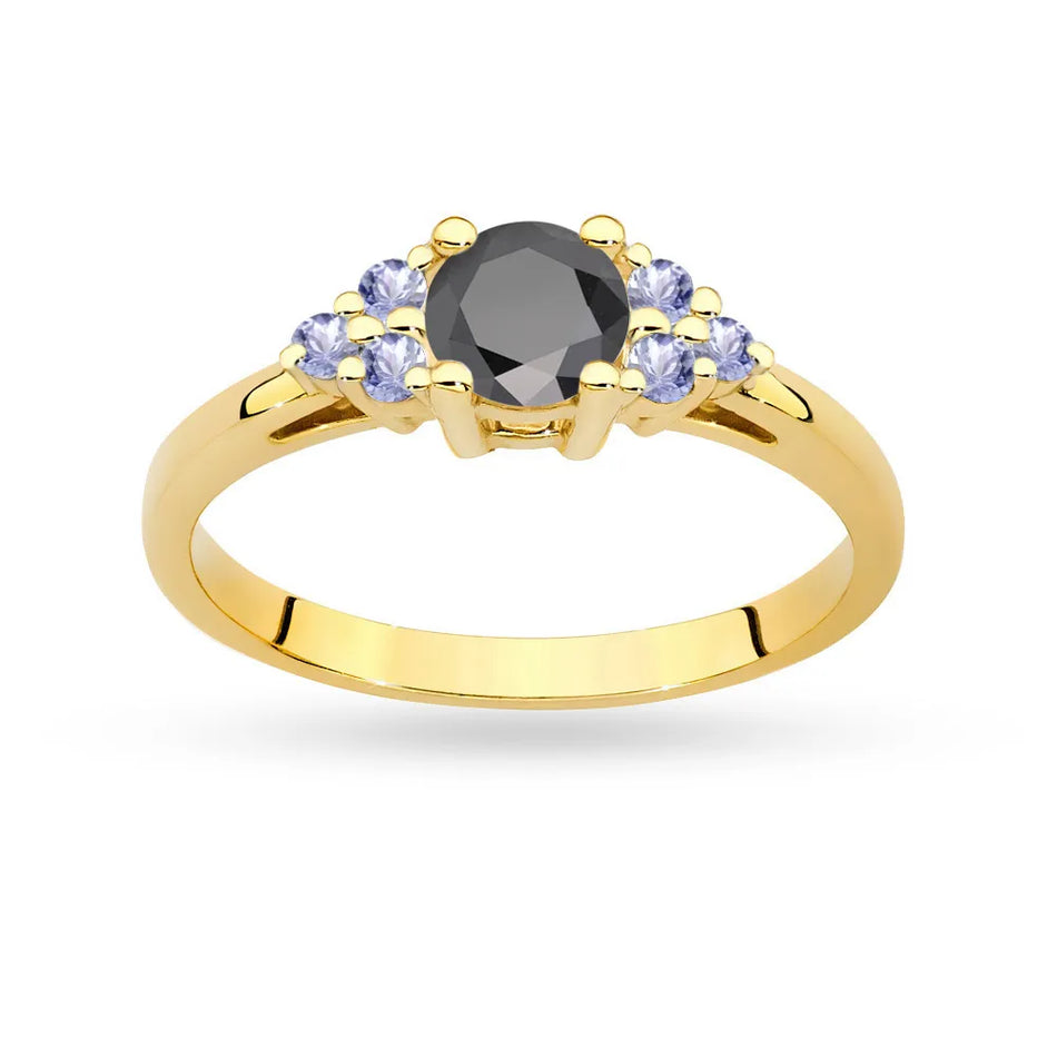 Goldring mit 0,50ct schwarzem Diamant und 6 Tansaniten