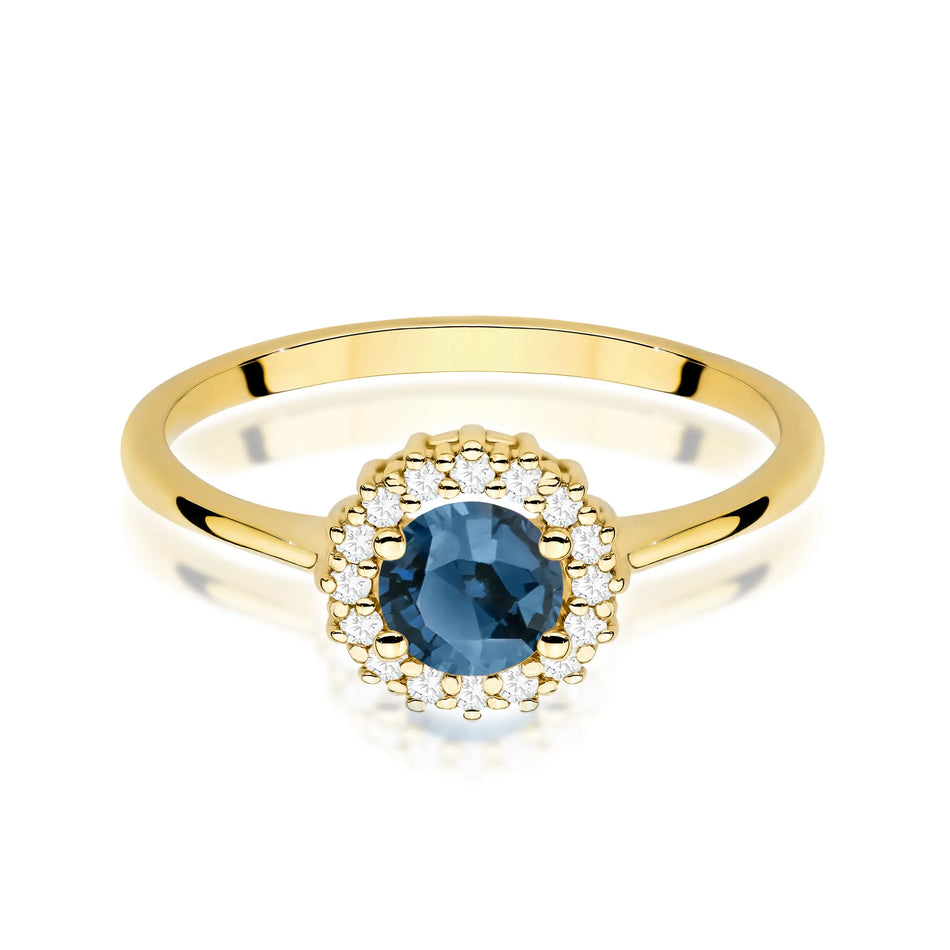 Goldring mit 0,50 ct London Blue Topas und Diamanten Blume