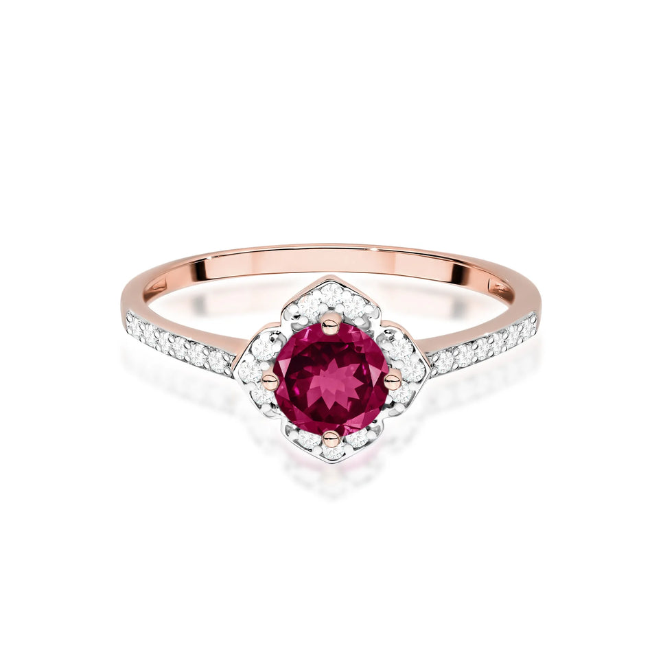 Gold Ring Flower with 0.60ct Rhodolite and Diamonds