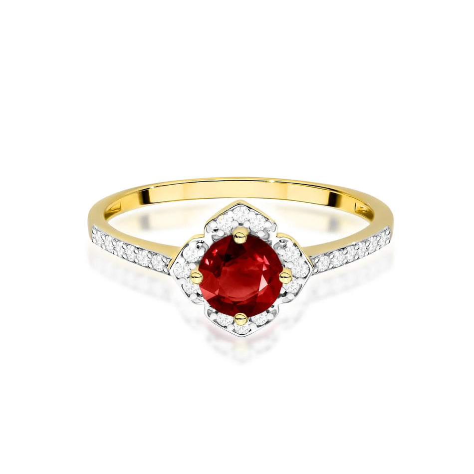 Gold Ring Flower with 0.60ct Garnet and Diamonds