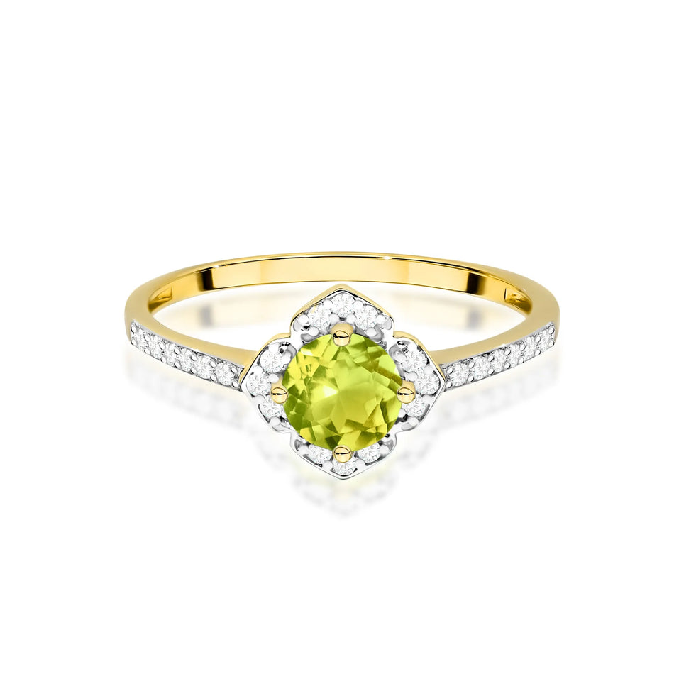 Goldring Blume mit 0,60 ct Olivin und Diamanten