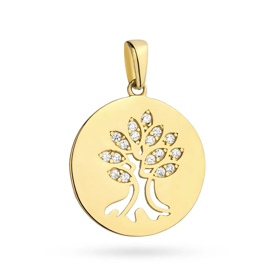 Gold Pendant Tree in a Circle Leaves with Zirconia