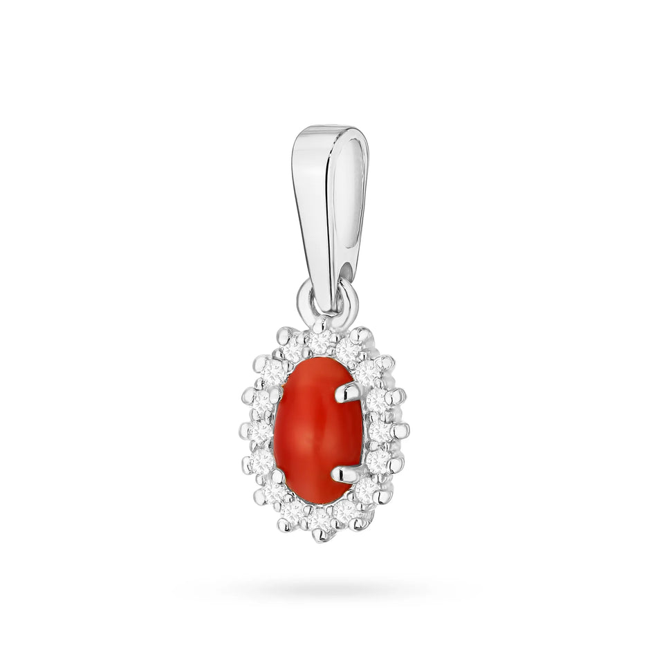 Gold Pendant with 0.20ct Coral and 0.08ct Diamonds