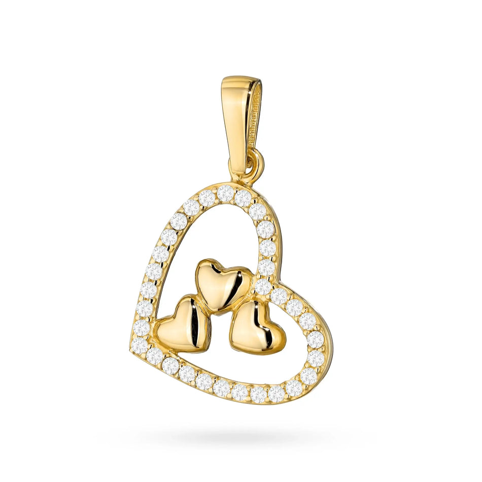 Gold Pendant with Zirconia Three Hearts in a Heart